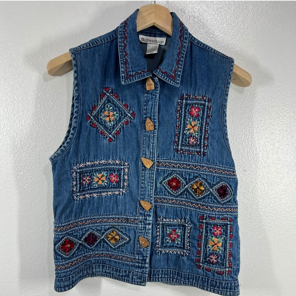 Dressbarn Denim Vest Embroidered‎ Floral Cotton Sleeveless Top Blue Size Small